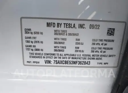 TESLA MODEL X 2022 vin 7SAXCBE53NF362843 from auto auction Iaai