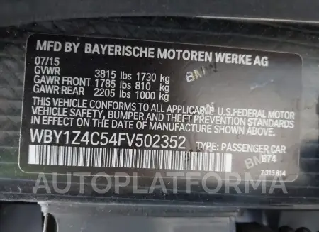 BMW I3 2015 vin WBY1Z4C54FV502352 from auto auction Iaai