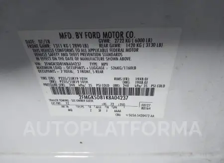 FORD FLEX 2019 vin 2FMGK5D81KBA04237 from auto auction Iaai