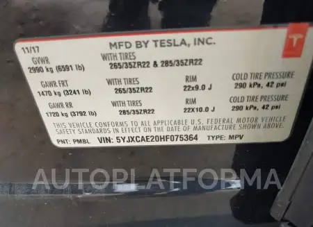 TESLA MODEL X 2017 vin 5YJXCAE20HF075364 from auto auction Iaai