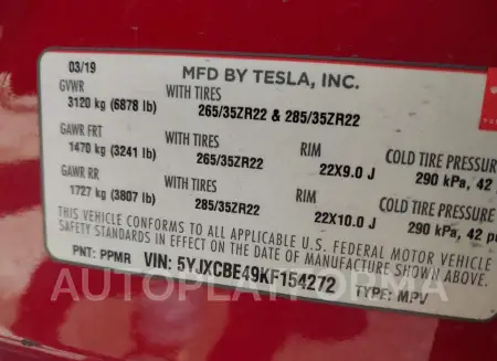 TESLA MODEL X 2019 vin 5YJXCBE49KF154272 from auto auction Iaai