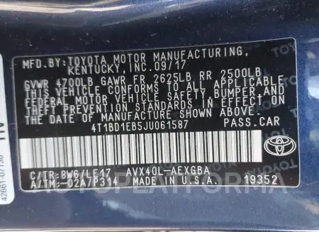 TOYOTA AVALON HYBRID 2018 vin 4T1BD1EB5JU061587 from auto auction Iaai