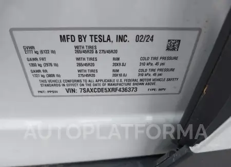 TESLA MODEL X 2024 vin 7SAXCDE5XRF436373 from auto auction Iaai