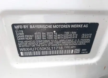 BMW X1 2019 vin WBXHU7C50K5L11718 from auto auction Iaai