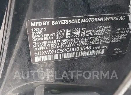 BMW X3 2016 vin 5UXWX9C52G0D83548 from auto auction Iaai