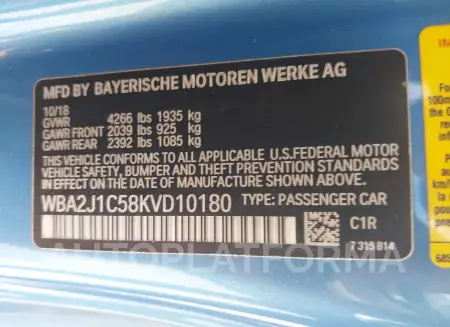 BMW 230I 2019 vin WBA2J1C58KVD10180 from auto auction Iaai