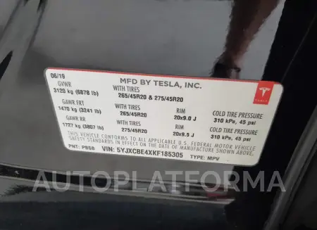 TESLA MODEL X 2019 vin 5YJXCBE4XKF185305 from auto auction Iaai