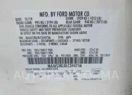 FORD ECOSPORT 2020 vin MAJ6S3KL0LC344756 from auto auction Iaai