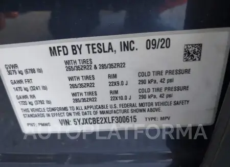 TESLA MODEL X 2020 vin 5YJXCBE2XLF300615 from auto auction Iaai