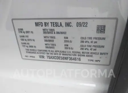 TESLA MODEL X 2022 vin 7SAXCDE58NF364616 from auto auction Iaai