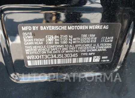 BMW X1 2018 vin WBXHT3C34J5L30345 from auto auction Iaai