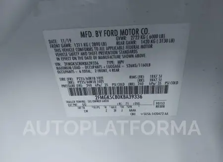 FORD FLEX 2019 vin 2FMGK5C80KBA39336 from auto auction Iaai