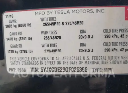 TESLA MODEL X 2016 vin 5YJXCDE29GF026356 from auto auction Iaai