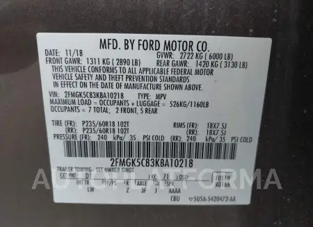 FORD FLEX 2019 vin 2FMGK5C83KBA10218 from auto auction Iaai