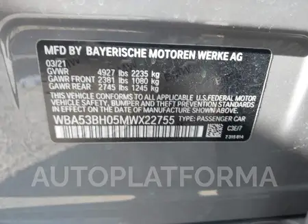 BMW 530I 2021 vin WBA53BH05MWX22755 from auto auction Iaai