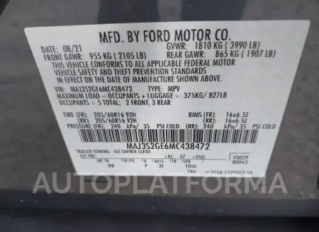 FORD ECOSPORT 2021 vin MAJ3S2GE6MC438472 from auto auction Iaai