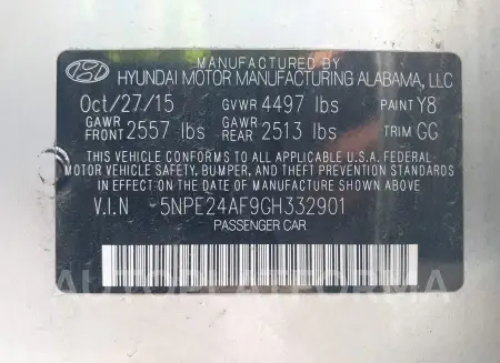 HYUNDAI SONATA 2016 vin 5NPE24AF9GH332901 from auto auction Iaai