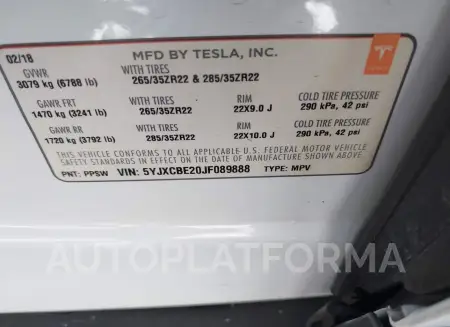 TESLA MODEL X 2018 vin 5YJXCBE20JF089888 from auto auction Iaai