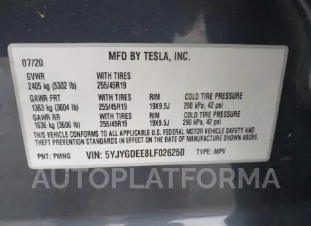 TESLA MODEL Y 2020 vin 5YJYGDEE8LF026250 from auto auction Iaai