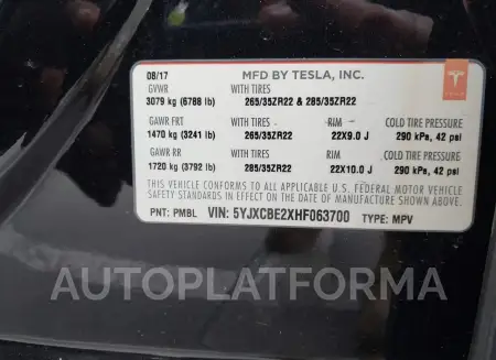 TESLA MODEL X 2017 vin 5YJXCBE2XHF063700 from auto auction Iaai