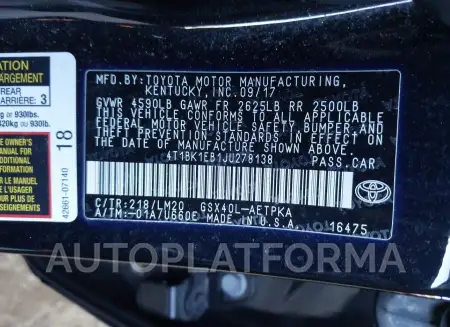 TOYOTA AVALON 2018 vin 4T1BK1EB1JU278138 from auto auction Iaai