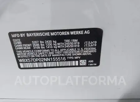 BMW X3 2022 vin WBX57DP02NN155516 from auto auction Iaai