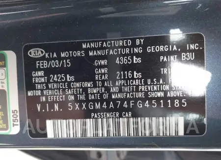 KIA OPTIMA 2015 vin 5XXGM4A74FG451185 from auto auction Iaai