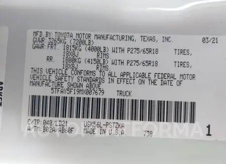 TOYOTA TUNDRA 2021 vin 5TFAY5F19MX007679 from auto auction Iaai