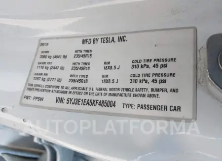 TESLA MODEL 3 2019 vin 5YJ3E1EA5KF485004 from auto auction Iaai