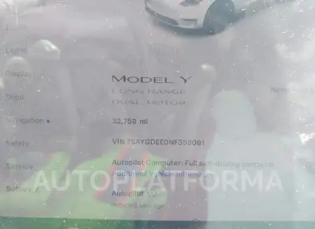 TESLA MODEL Y 2022 vin 7SAYGDEE0NF358091 from auto auction Iaai