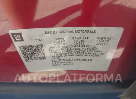 CHEVROLET BOLT EV 2020 vin 1G1FY6S07L4128616 from auto auction Iaai