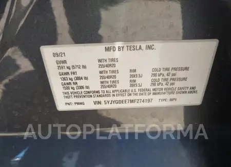 TESLA MODEL Y 2021 vin 5YJYGDEE7MF274197 from auto auction Iaai