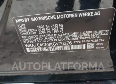 BMW 740I 2019 vin WBA7E4C59KGV70276 from auto auction Iaai