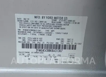 FORD FLEX 2019 vin 2FMGK5C88KBA31307 from auto auction Iaai