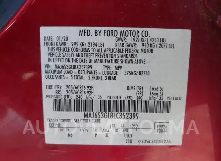 FORD ECOSPORT 2020 vin MAJ6S3GL8LC352399 from auto auction Iaai