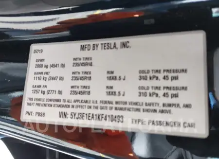 TESLA MODEL 3 2019 vin 5YJ3E1EA1KF410493 from auto auction Iaai