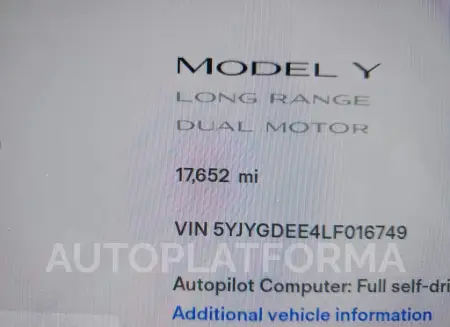 TESLA MODEL Y 2020 vin 5YJYGDEE4LF016749 from auto auction Iaai