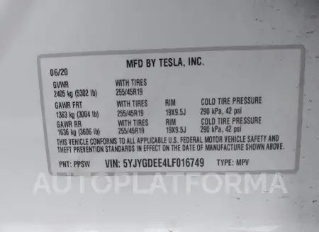 TESLA MODEL Y 2020 vin 5YJYGDEE4LF016749 from auto auction Iaai