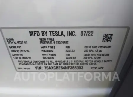 TESLA MODEL X 2022 vin 7SAXCBE54NF355903 from auto auction Iaai