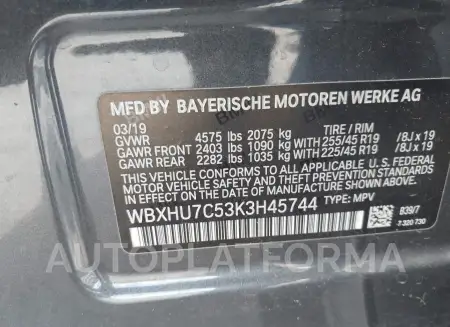 BMW X1 2019 vin WBXHU7C53K3H45744 from auto auction Iaai