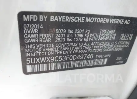 BMW X3 2015 vin 5UXWX9C53F0D49746 from auto auction Iaai