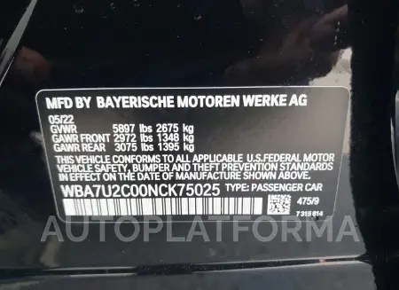 BMW 750 2022 vin WBA7U2C00NCK75025 from auto auction Iaai