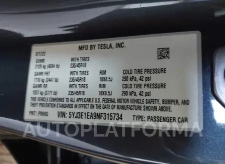 TESLA MODEL 3 2022 vin 5YJ3E1EA9NF315734 from auto auction Iaai