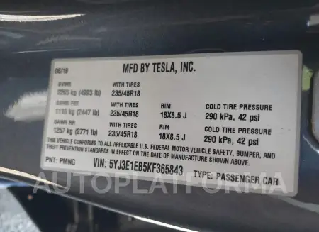 TESLA MODEL 3 2019 vin 5YJ3E1EB5KF365843 from auto auction Iaai