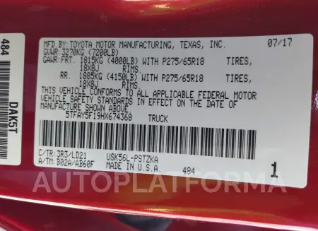 TOYOTA TUNDRA 2017 vin 5TFAY5F19HX674368 from auto auction Iaai