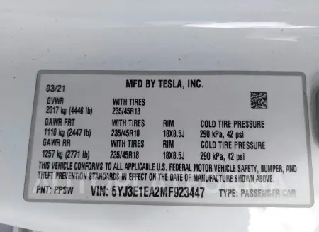 TESLA MODEL 3 2021 vin 5YJ3E1EA2MF923447 from auto auction Iaai