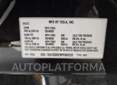 TESLA MODEL Y 2023 vin 7SAYGDEE9PF880205 from auto auction Iaai