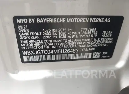 BMW X1 2021 vin WBXJG7C04M5U26483 from auto auction Iaai