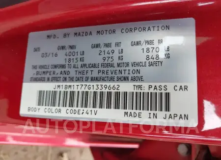 MAZDA MAZDA3 2016 vin JM1BM1T77G1339662 from auto auction Iaai