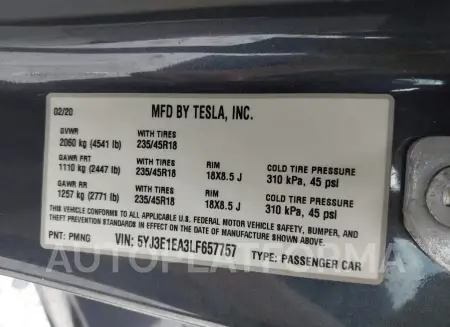 TESLA MODEL 3 2020 vin 5YJ3E1EA3LF657757 from auto auction Iaai